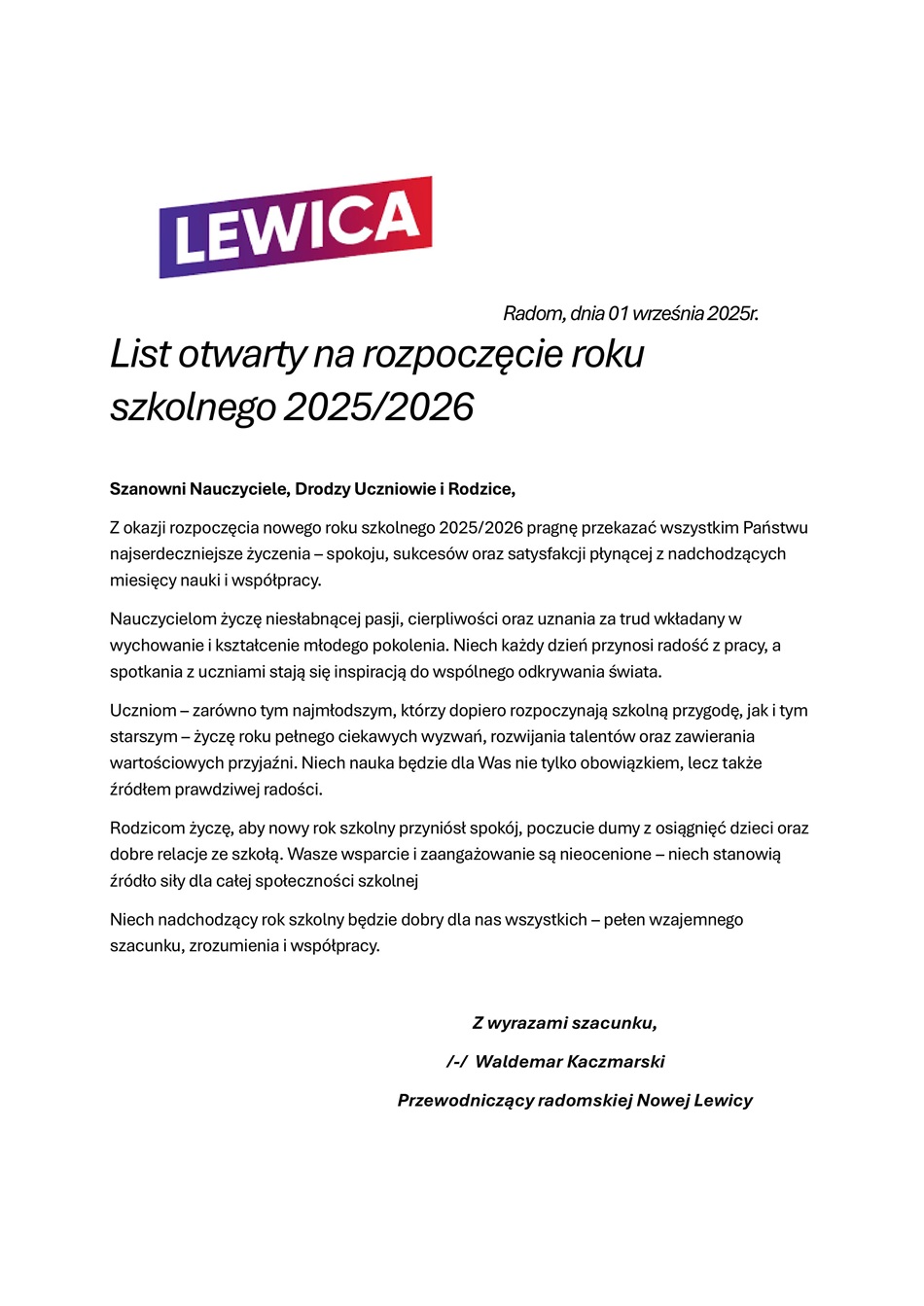Rok szkolny List otwarty na rok 2025 1